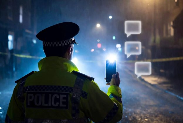 Metropolitan Police officer using personal phone at crime scene, illustrating misconduct hearing over photographing evidence