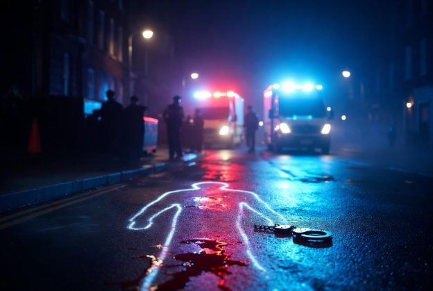 Police crime scene dead body outline with blood.
